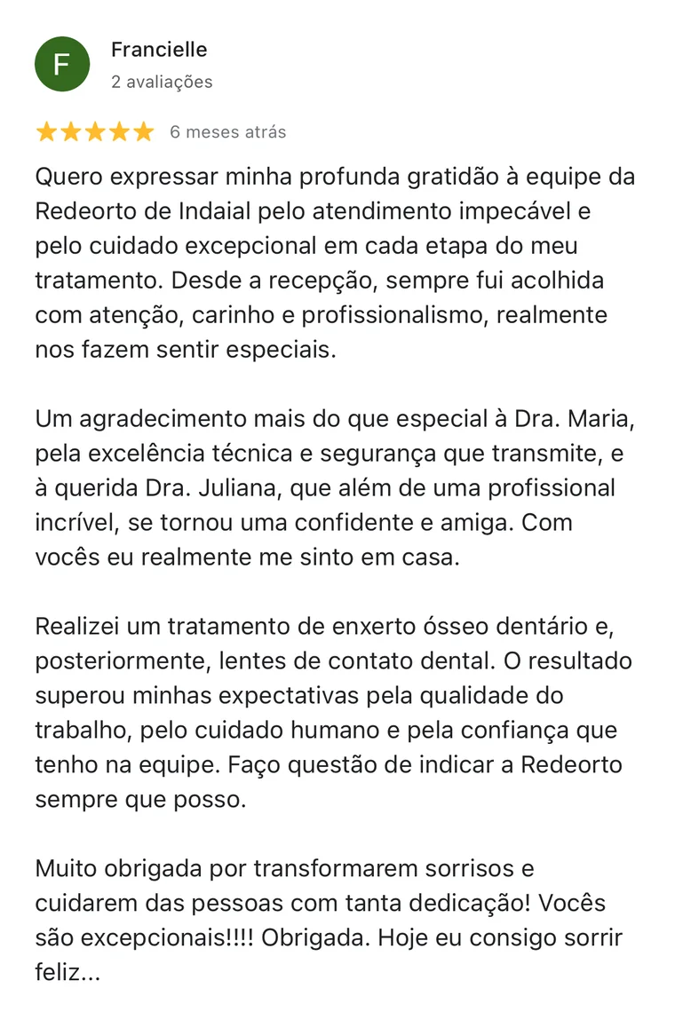 Avaliação no Google: Francielle agradece o cuidado em cada etapa do tratamento